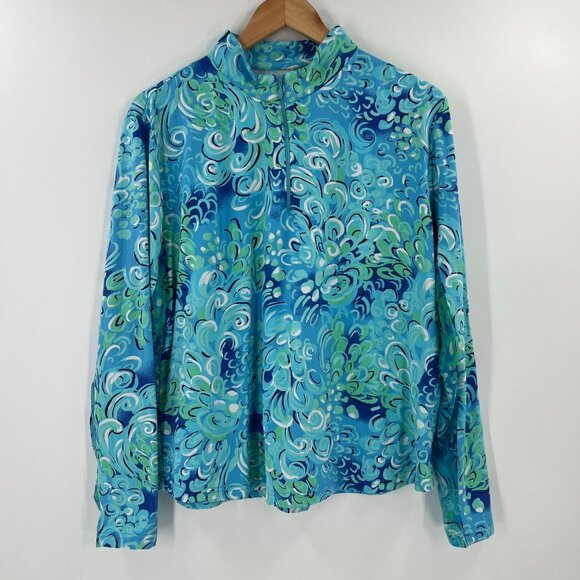 IBKUL XXL Women Long Sleeve Shirt Blue Green Swirl Pattern Nylon Blend Mock Neck - Picture 2 of 9